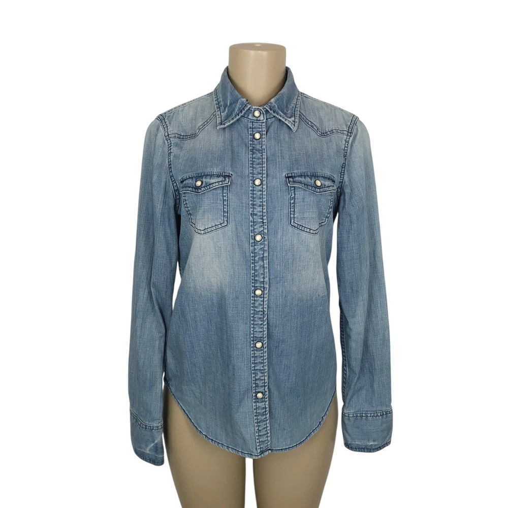 American Eagle Light Wash Denim Pearl Snap Shirt Size 8 Western Cowgirl Rodeo